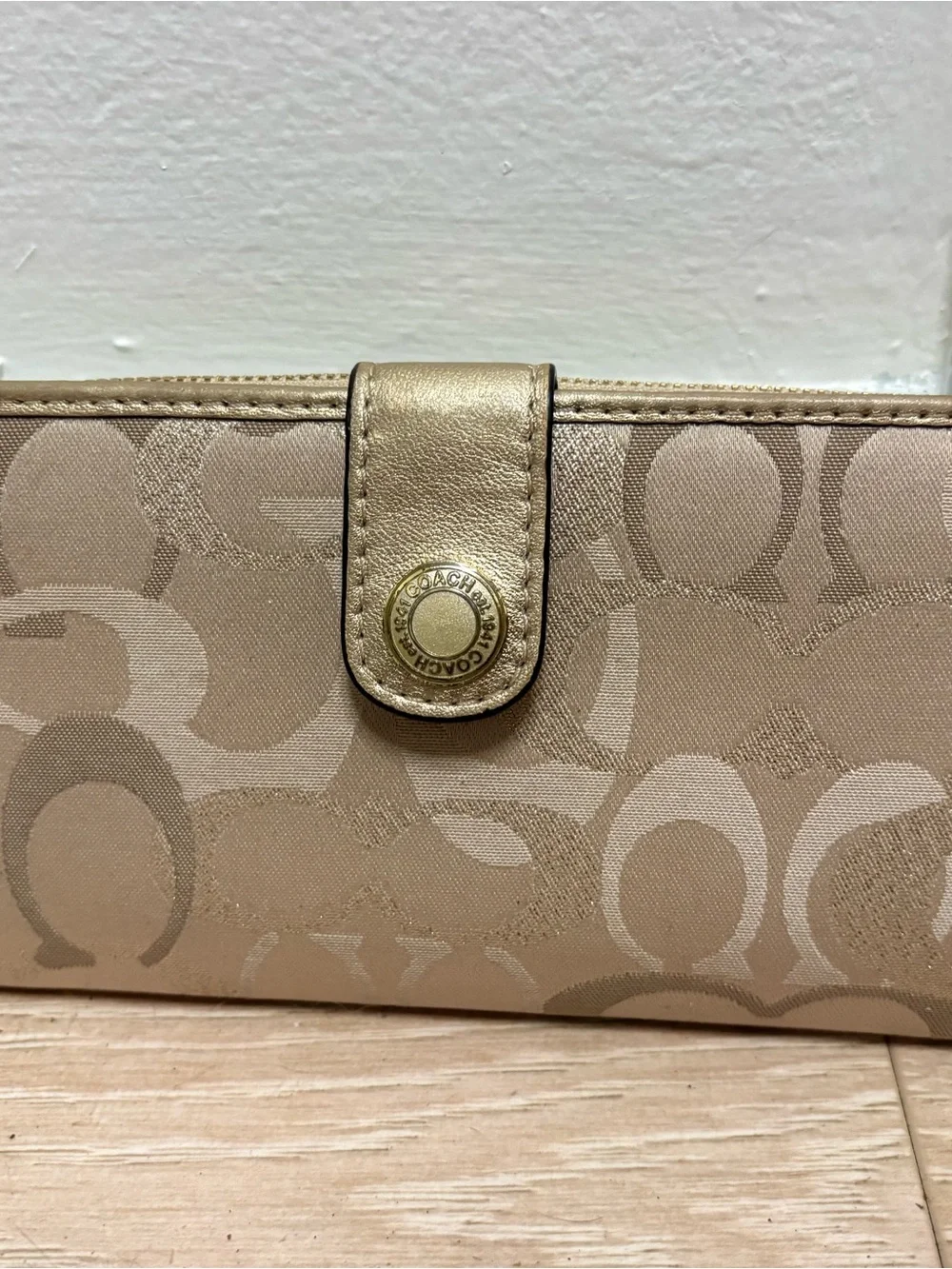 Coach Beige Jacquard Signature Snap Wallet with Gold Trim
